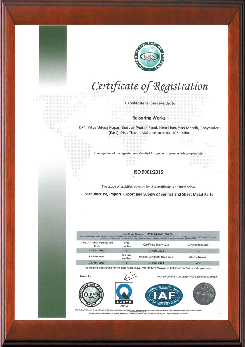 Rajspring Works ISO 2009:2015 Certificate