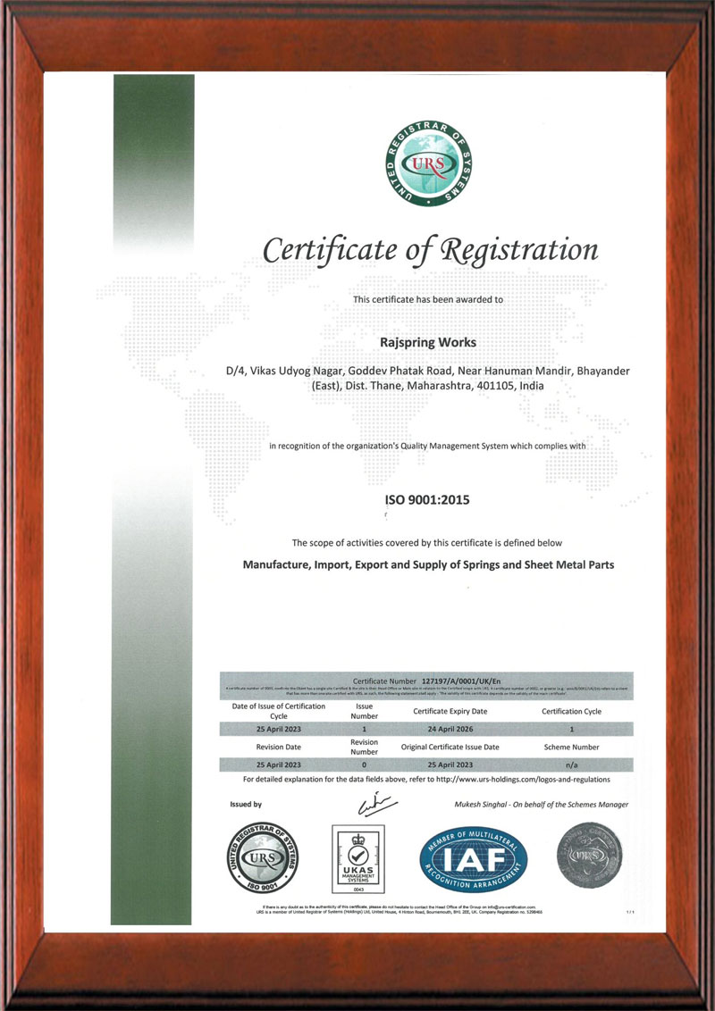 Rajspring Works ISO 2009:2015 Certificate