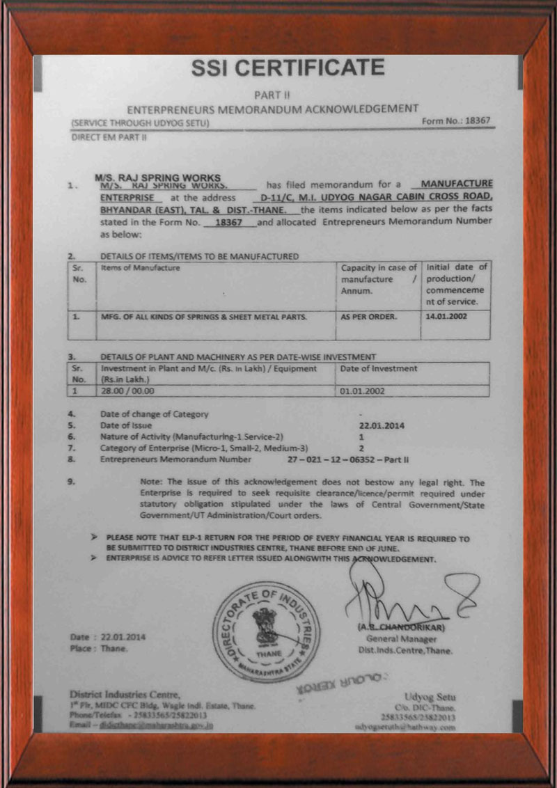 Rajspring Works SSI Certificate